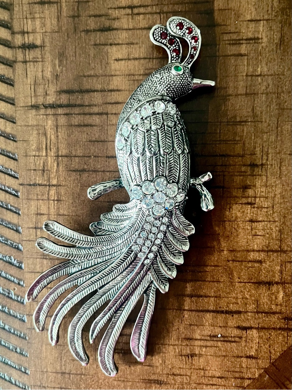Princess Amanda Collection Signed AB Peacock Brooch Clear Stone Gray Silver Tone